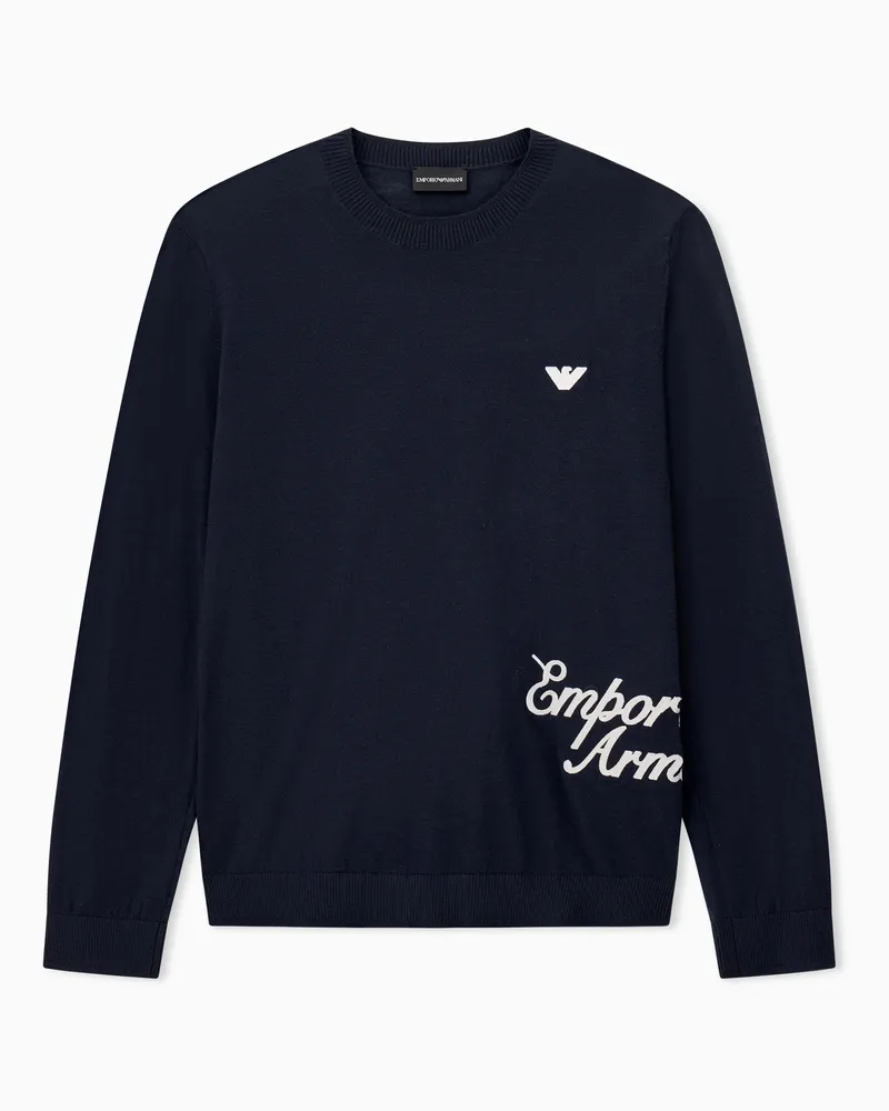 Emporio Armani Maglione in lana vergine con ricamo logo Blu