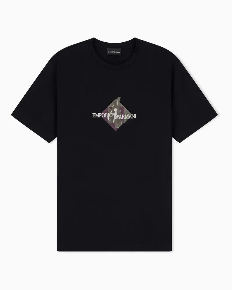 Emporio Armani T-shirt in jersey con ricamo logo e stampa flock Blu