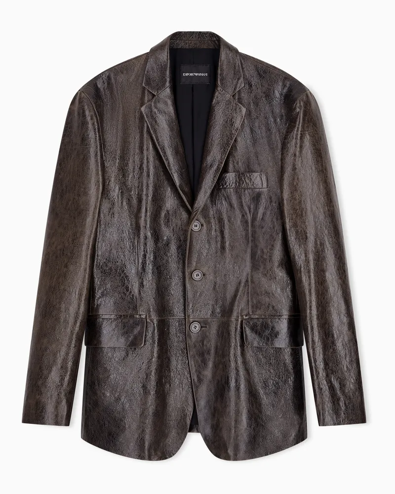 Emporio Armani Blazer in pelle bottalata semilucida con fodera in raso Marrone