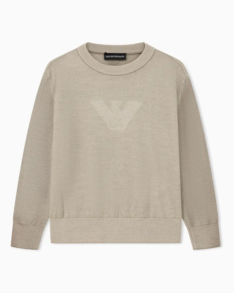 Emporio Armani Pullover girocollo in lana vergine con logo in rilievo Beige