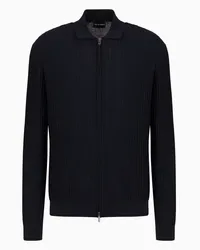 Emporio Armani OFFICIAL STORE Cardigan Con Zip In Lana Vergine Effetto Intercosta Travel Essential Blu