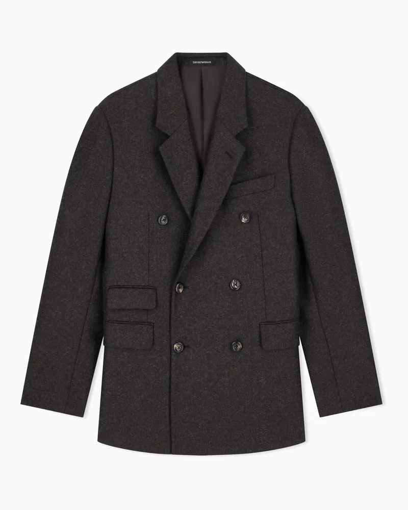 Emporio Armani Blazer doppiopetto in flanella compatta di misto lana Marrone