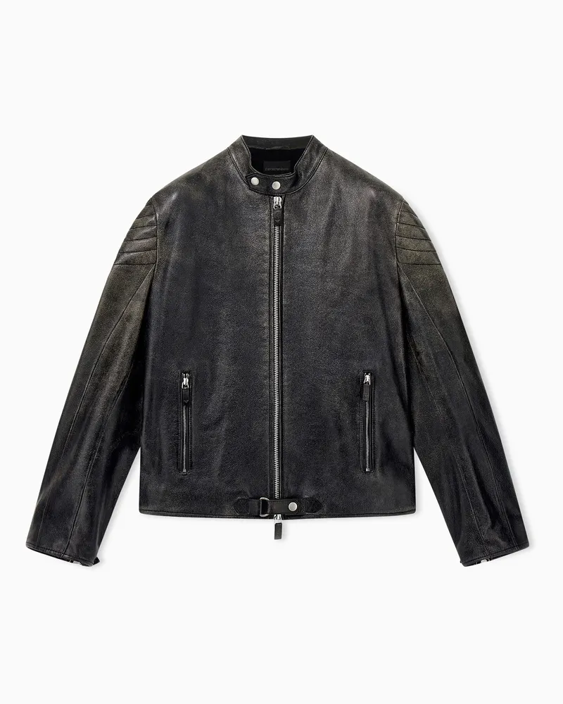 Emporio Armani Giubbotto biker slim in pelle con dettagli trapuntati Nero