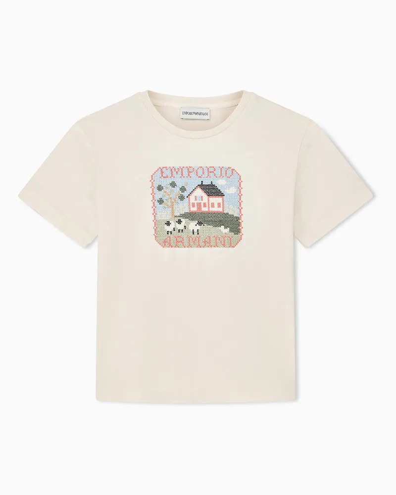 Emporio Armani T-shirt girocollo in jersey di cotone con logo floreale Beige