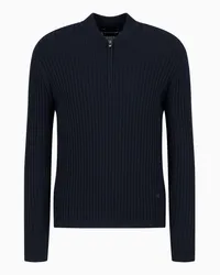 Emporio Armani OFFICIAL STORE Maglione Con Zip Parziale In Lana Vergine A Coste Blu