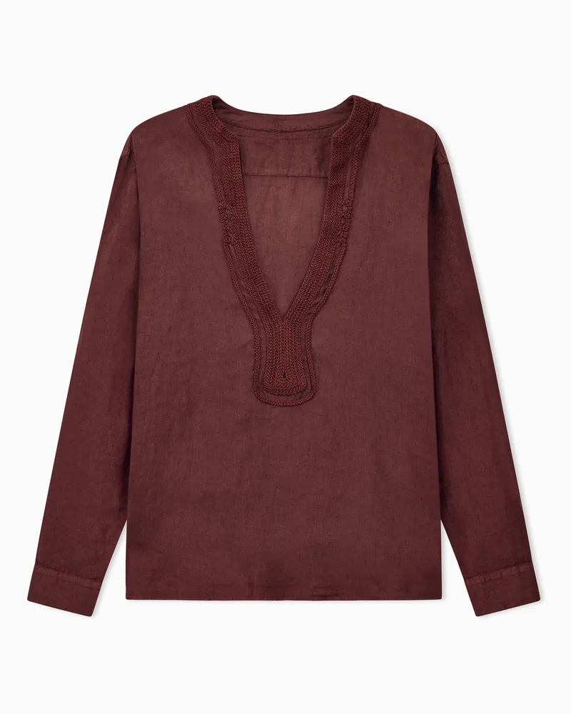 Emporio Armani Camicia scollo V con passamaneria in lino tinto capo Bordeaux