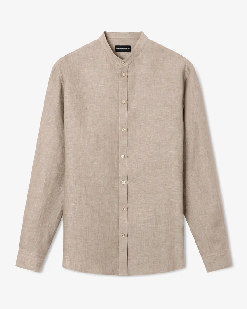 Emporio Armani Camicia collo guru in puro lino Marrone