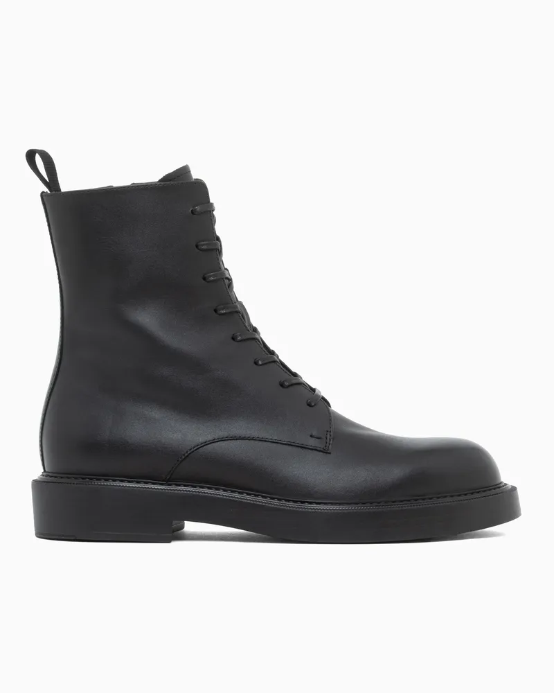 Emporio Armani Stivaletti stringati in pelle liscia con zip laterale Nero