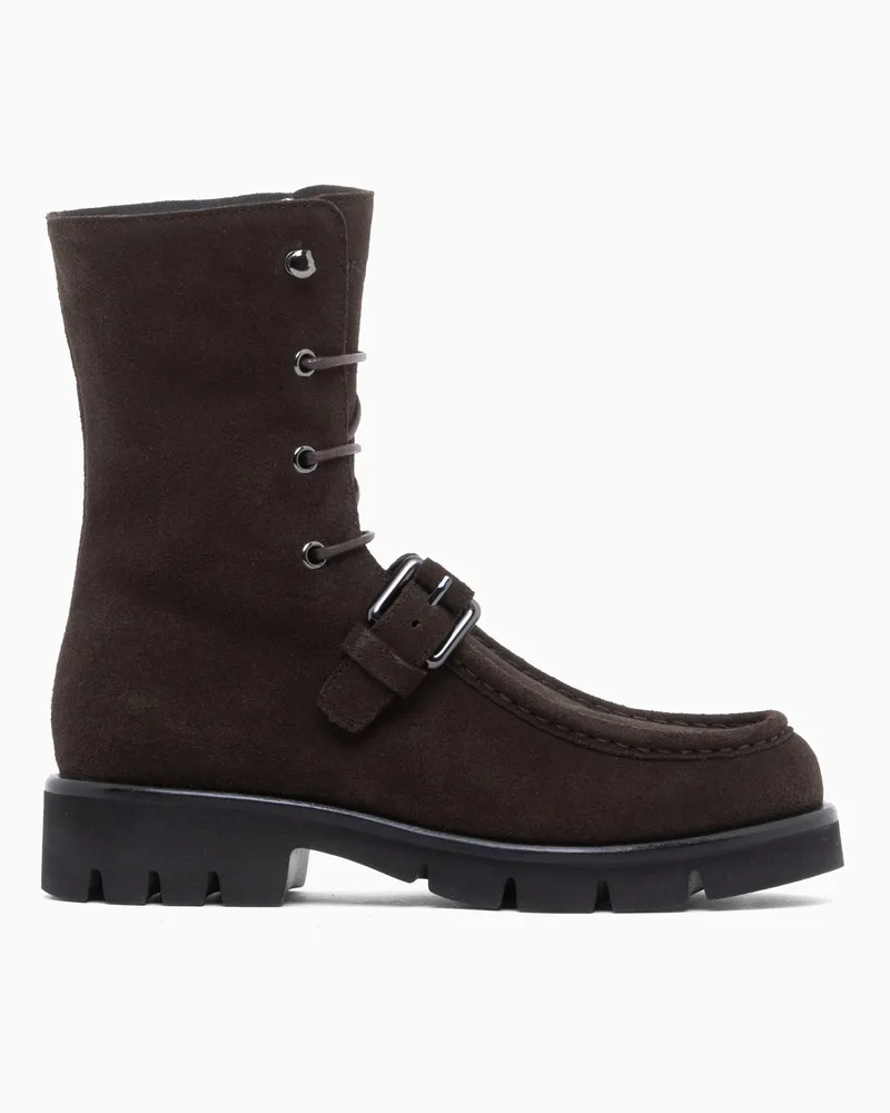 Emporio Armani Stivaletti stringati in pelle scamosciata con fibbia Marrone