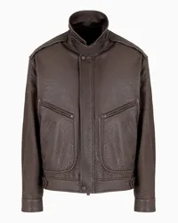 Emporio Armani OFFICIAL STORE Blouson Loose Fit A Collo Alto In Nappa Di Agnello A Grana Naturale Marrone