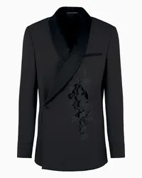 Emporio Armani OFFICIAL STORE Giacca Scollo Scialle Con Chiusura Portafoglio In Gabardina Compatta Di Lana Vergine Con Ricamo Gingko E Cut Out Nero