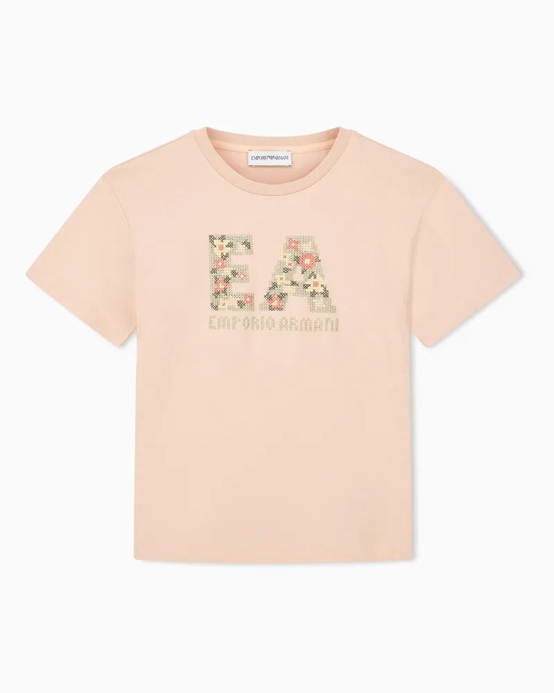 Emporio Armani T-shirt girocollo in jersey di cotone con logo floreale Rosa