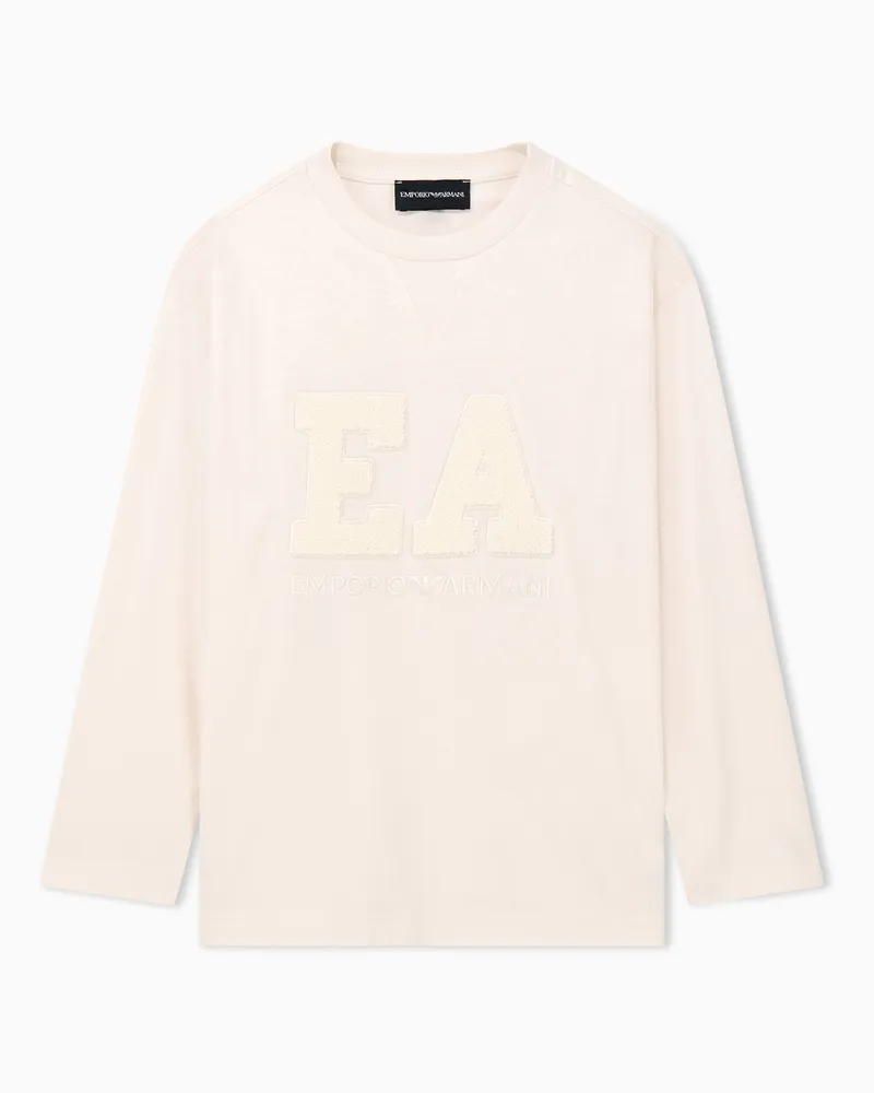 Emporio Armani T-shirt a maniche lunghe in cotone con logo in rilievo Beige