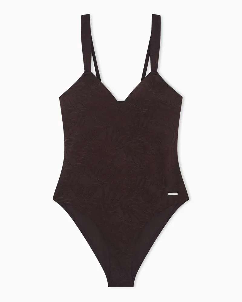 Emporio Armani Costume intero imbottito in lycra jacquard foliage Marrone