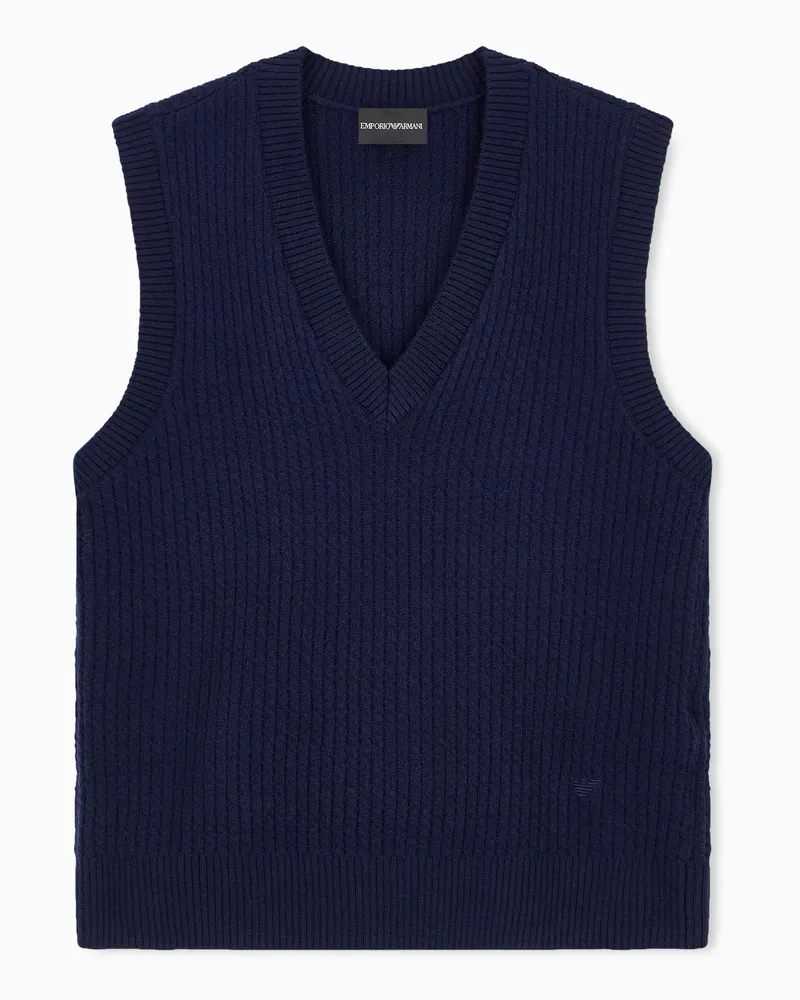 Emporio Armani Gilet scollo a V in lana vergine punto fantasia Blu