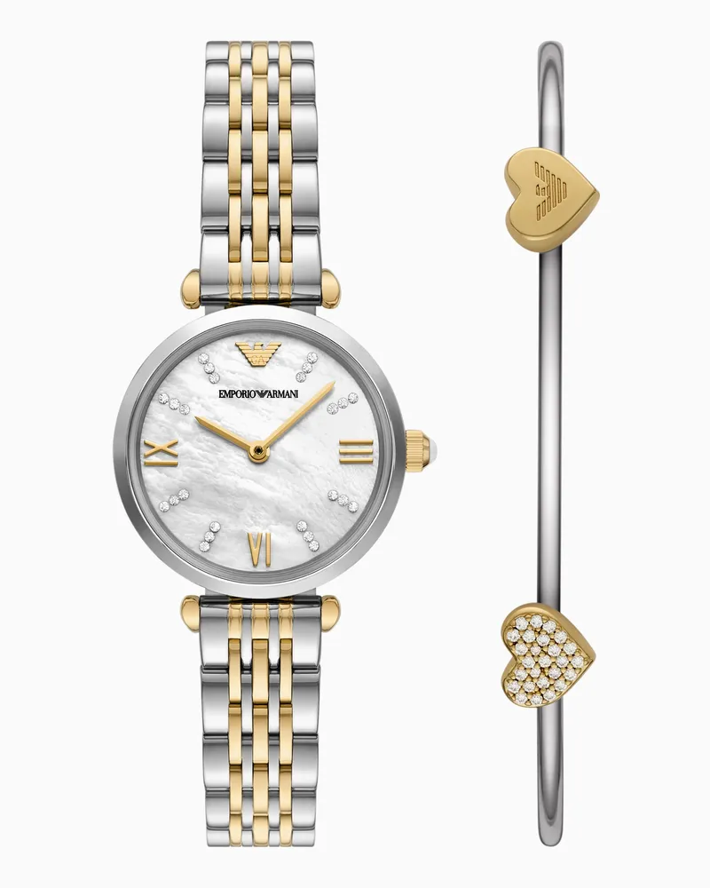 Emporio Armani Set bracciale e orologio a due lancette in acciaio inossidabile bicolore Multicolore