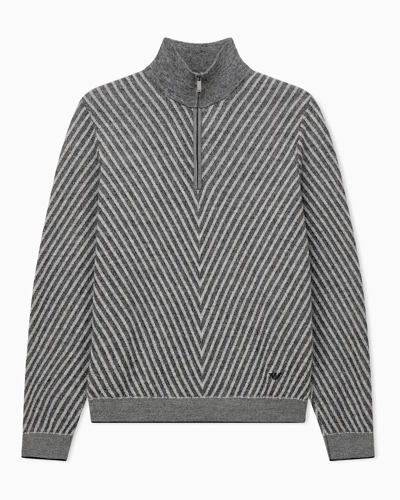 Emporio Armani Maglione zip parziale in lana vergine operata Capsule Signature Nero