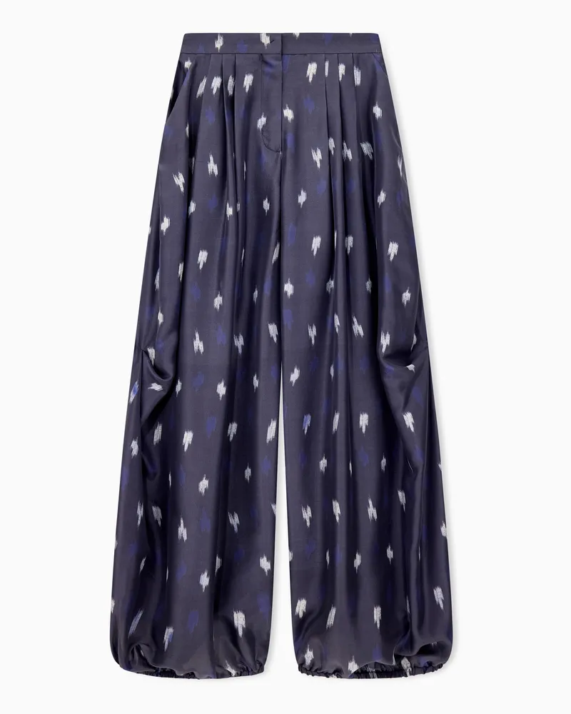 Emporio Armani Pantaloni gamba ampia in shantung di seta stampa carpet Blu