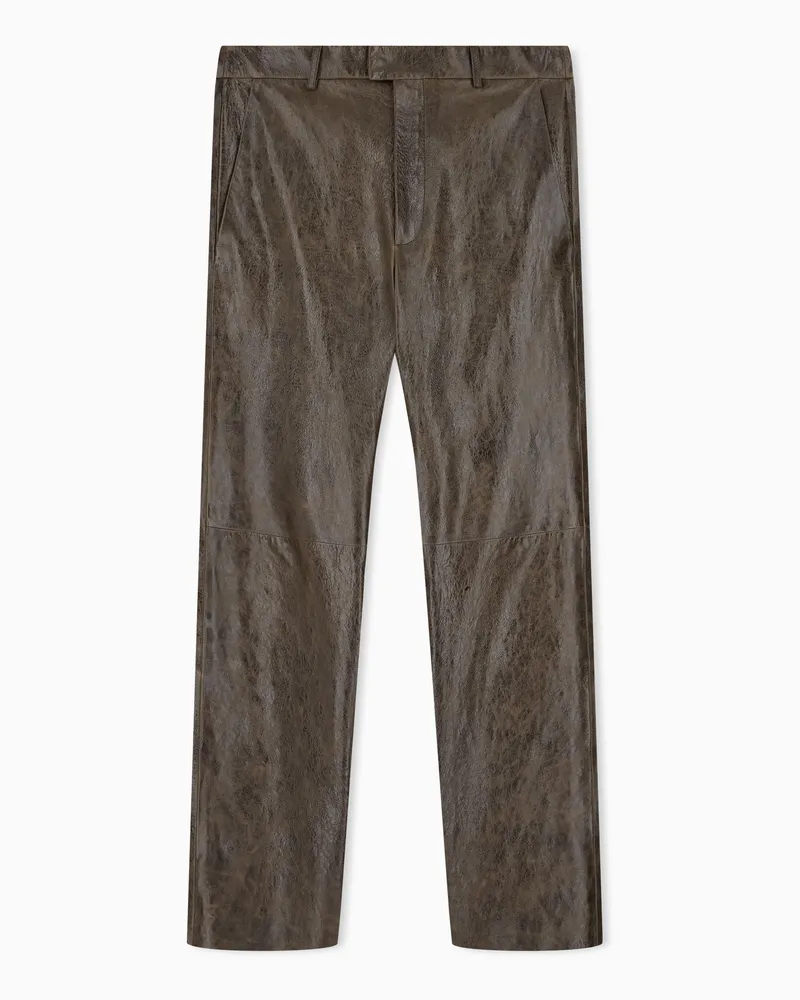 Emporio Armani Pantaloni in pelle bottalata semilucida con zip di metallo Marrone