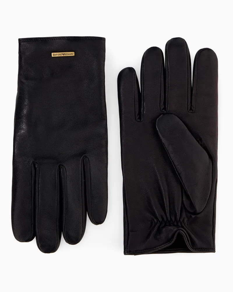 Emporio Armani Guanti in pelle con fodera in lana e placca logo Nero
