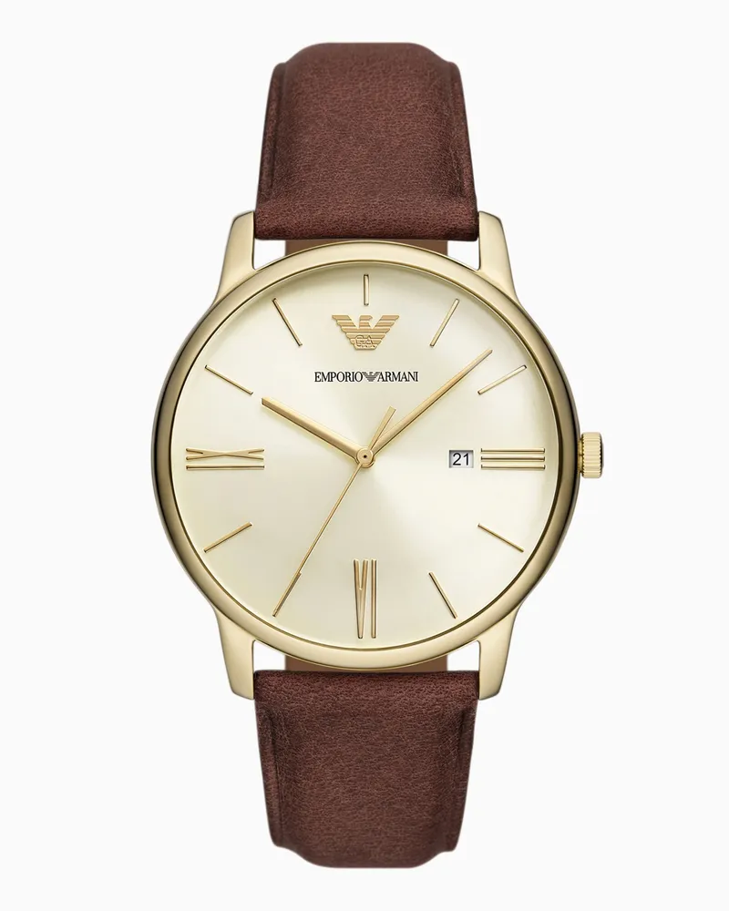 Emporio Armani Orologio in pelle marrone a tre lancette con datario Multicolore