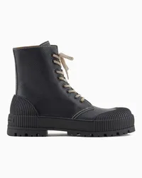 Emporio Armani OFFICIAL STORE Stivaletti Stringati In Pelle Bottalata Con Dettagli In Gomma Nero