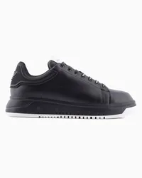 Emporio Armani OFFICIAL STORE Sneakers In Pelle Con Retro In Gomma E Suola Zigrinata Nero