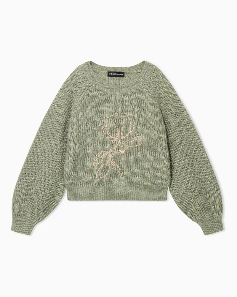 Emporio Armani Pullover in lana vergine e alpaca con ricamo floreale Verde