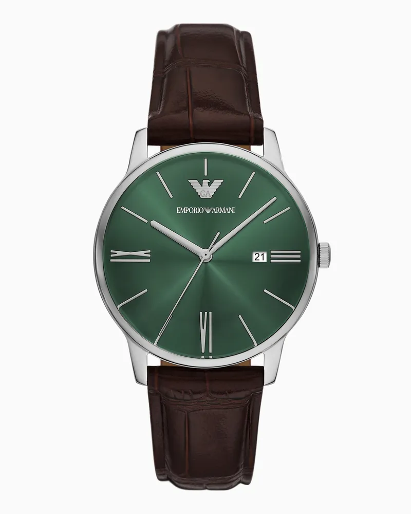Emporio Armani Orologio in pelle marrone a tre lancette con data Multicolore