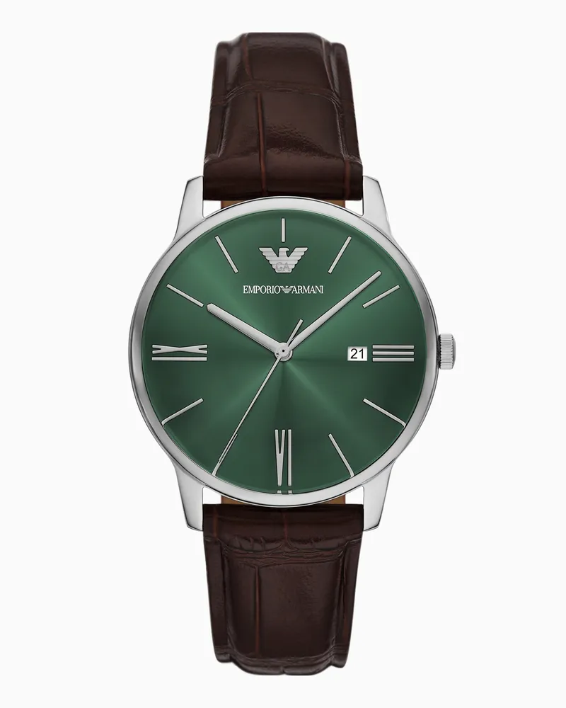 Emporio Armani Orologio in pelle marrone a tre lancette con data Multicolore