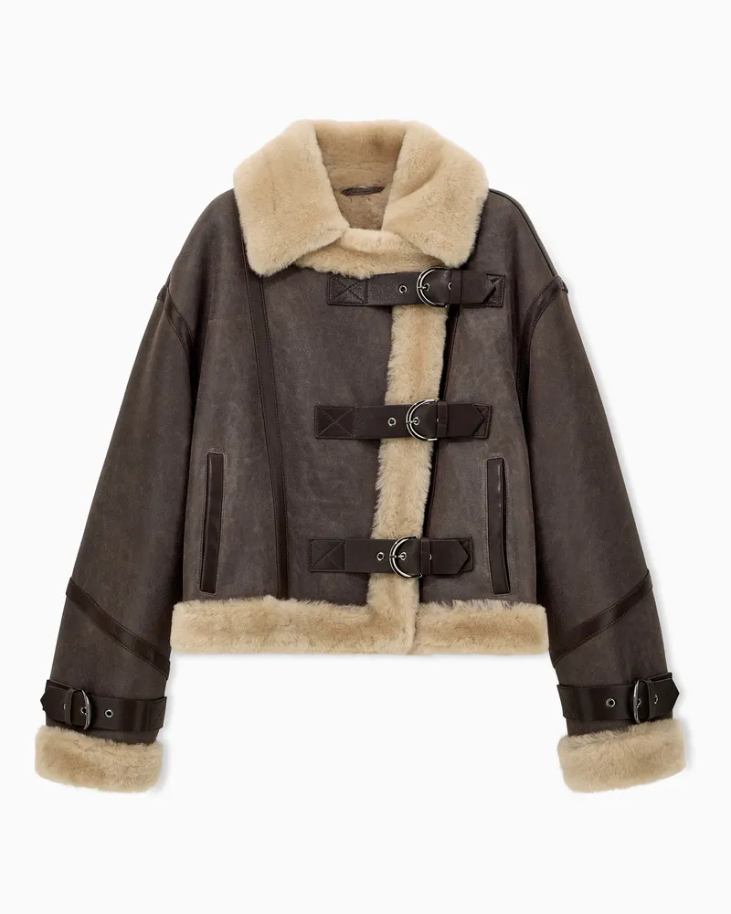 Emporio Armani Giubbotto in shearling e pelle con cinturini Marrone