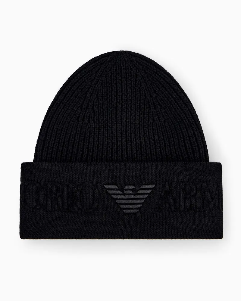 Emporio Armani Berretto a coste in lana vergine con logo a rilievo Nero