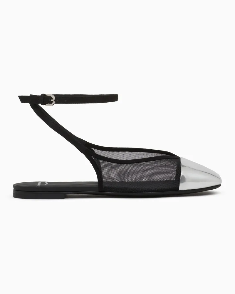 Emporio Armani Sandali bassi in rete e camoscio con punta a specchio Nero