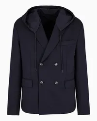 Emporio Armani OFFICIAL STORE Blazer Doppiopetto In Panno Morbido Misto Lana Con Cappuccio In Nylon Blu