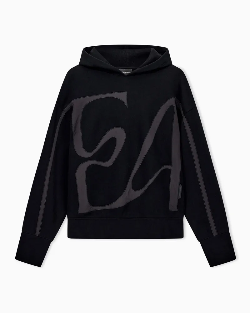 Emporio Armani Felpa con cappuccio in jersey french terry con maxi ricamo EA Nero
