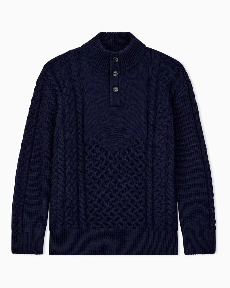 Emporio Armani Pullover a trecce in cotone e lana con collo alto e bottoni Blu