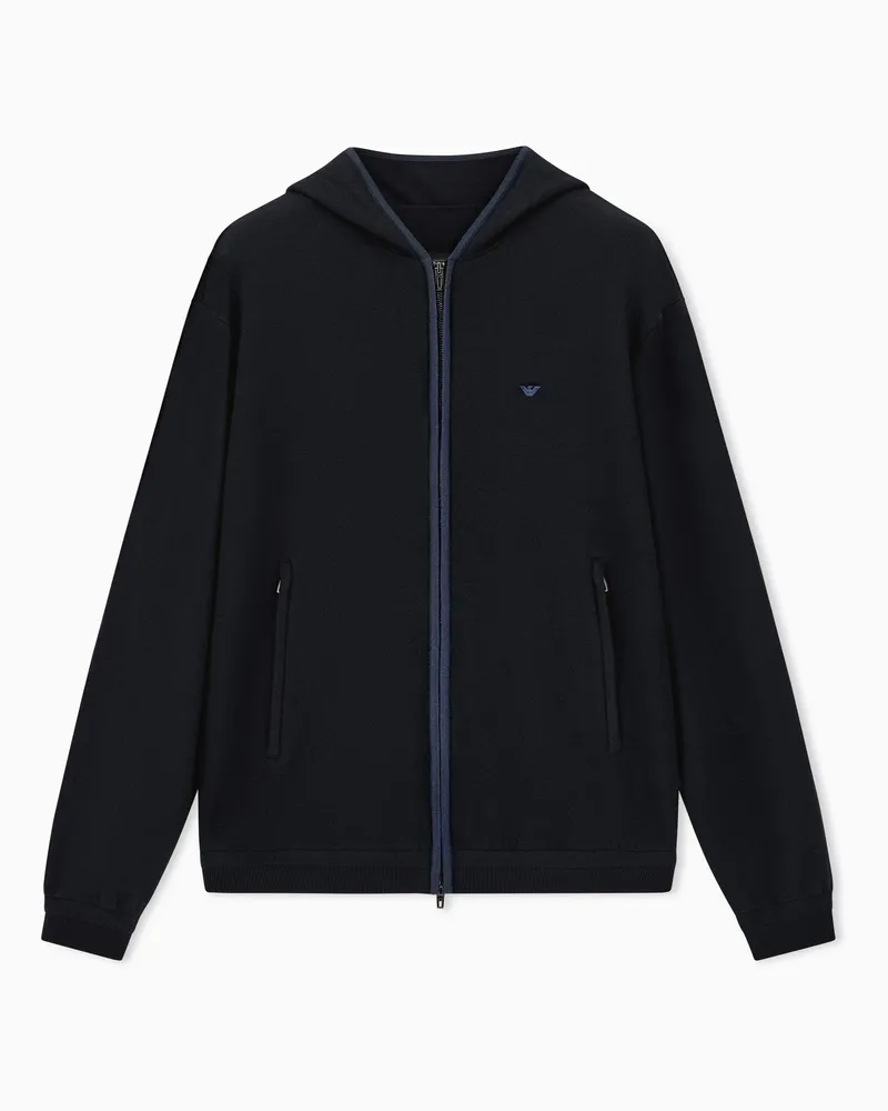 Emporio Armani Cardigan con zip e cappuccio in lana vergine Travel Essential Blu