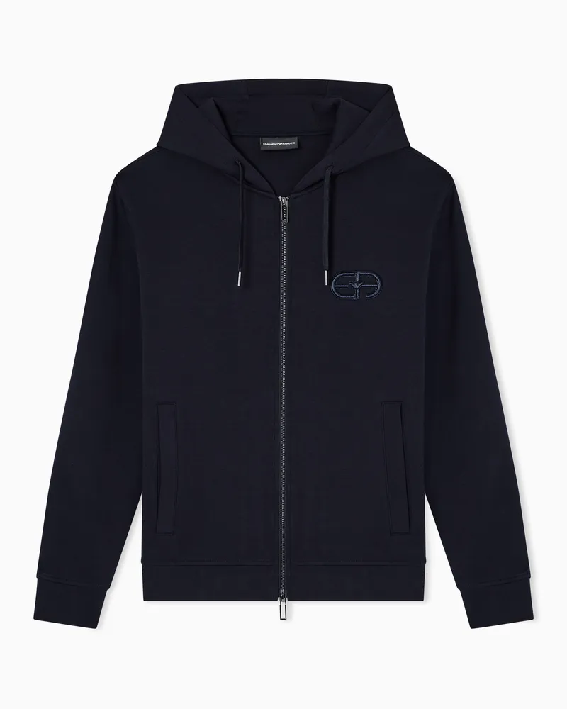 Emporio Armani Felpa con cappuccio e zip in double jersey con ricamo logo EA a rilievo Blu