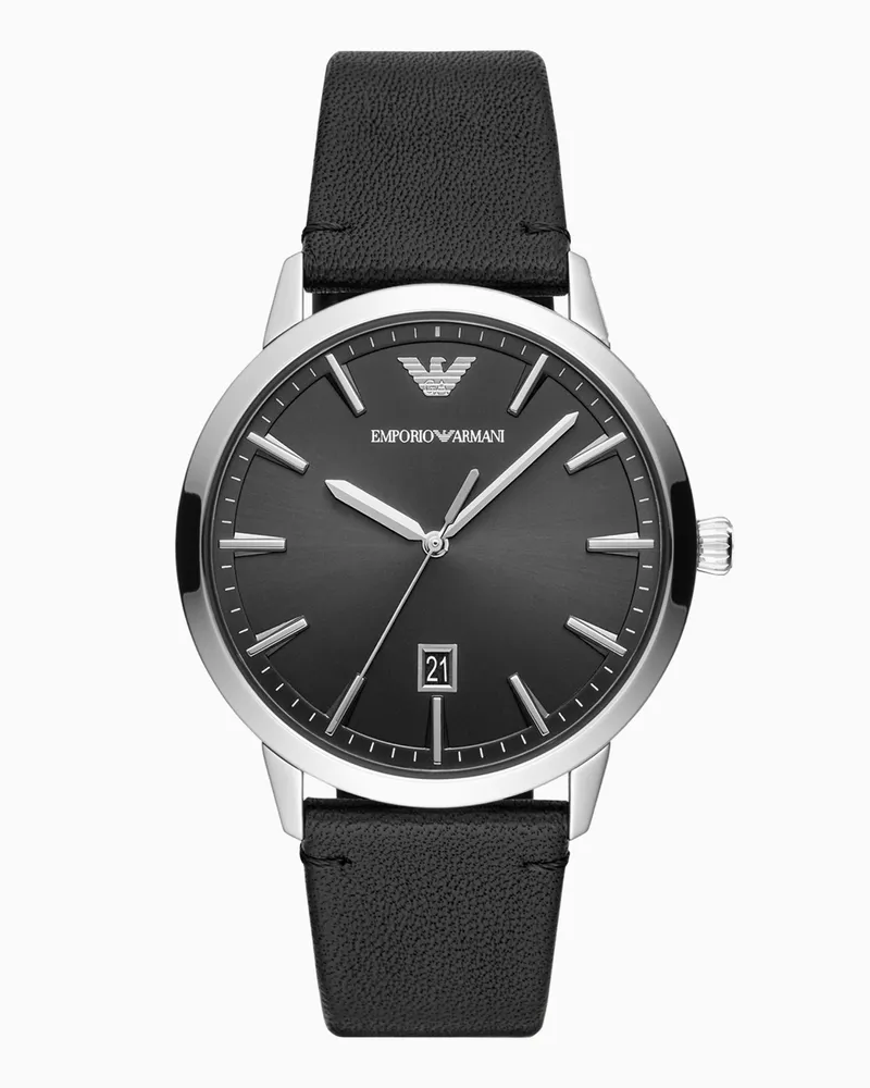 Emporio Armani Orologio a tre lancette con datario e pelle nera Multicolore