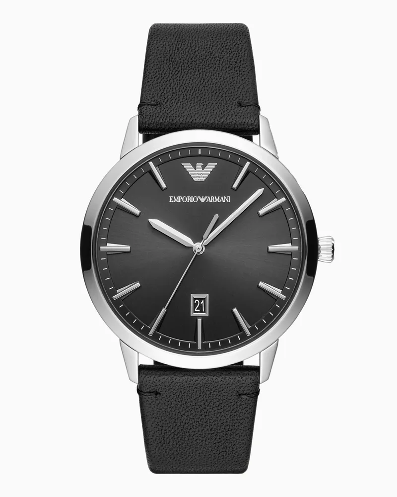 Emporio Armani Orologio a tre lancette con datario e pelle nera Multicolore