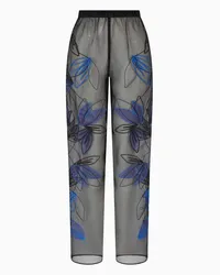 Emporio Armani OFFICIAL STORE Pantaloni A Vita Elastica In Organza Di Pura Seta Con Ricamo Floreale Nero