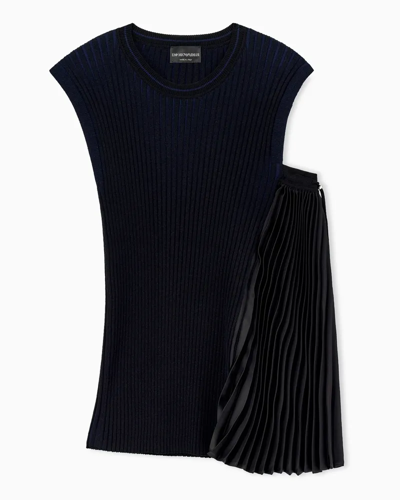 Emporio Armani Top smanicato in viscosa a costine con inserto plissettato Nero