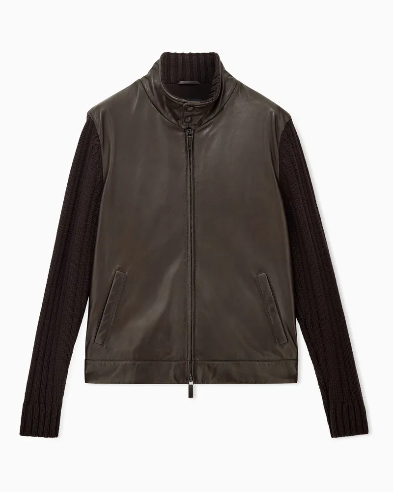 Emporio Armani Giubbino in pelle con maniche in maglia di lana vergine Marrone