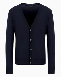 Emporio Armani OFFICIAL STORE Cardigan Scollo V In Lana Vergine Rasata Blu