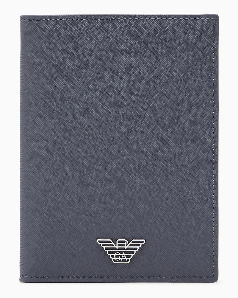 Emporio Armani Porta passaporto in pelle rigenerata saffiano placchetta aquila Grigio