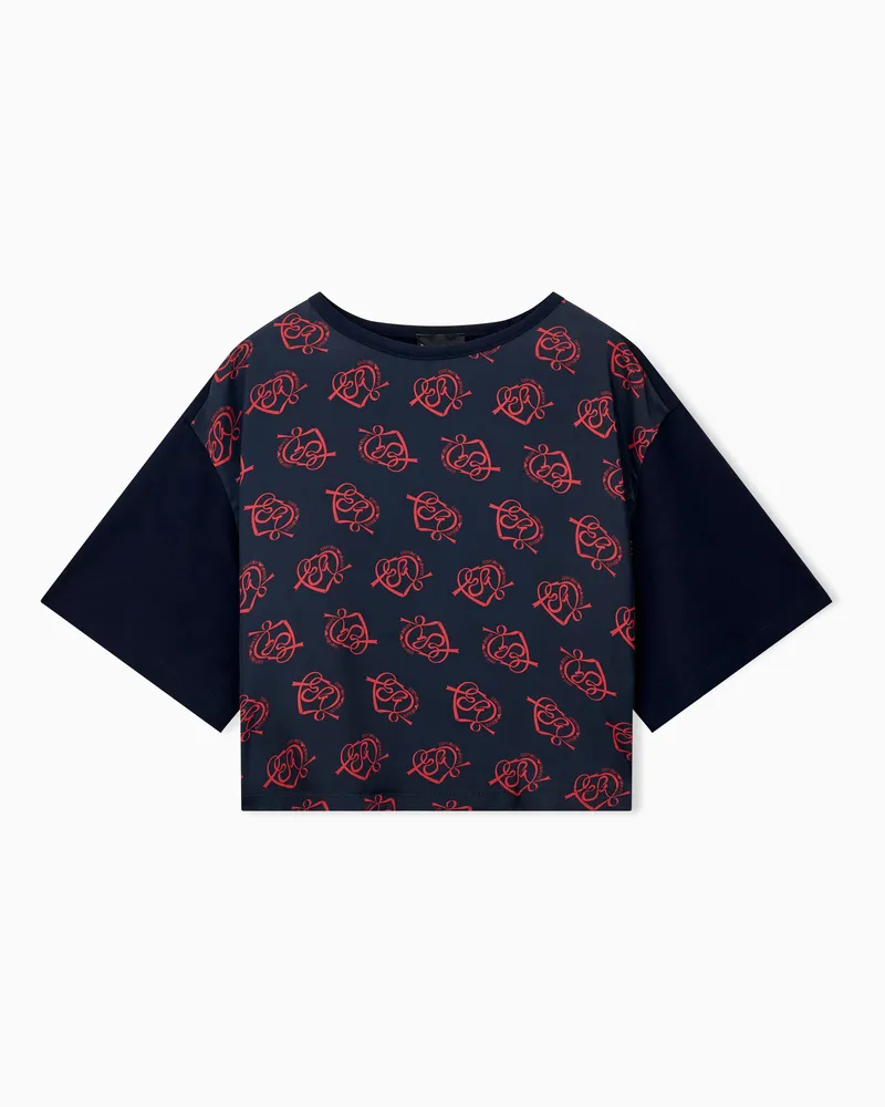 Emporio Armani T-shirt over fit in jersey e satin stampa Capsule San Valentino Blu