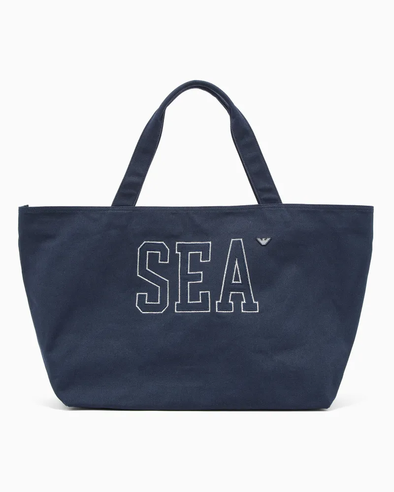Emporio Armani Shopper beachwear in canvas ricamo Sea Blu