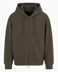 Emporio Armani OFFICIAL STORE Felpa Con Zip E Cappuccio In Double Jersey Lettering Flock All Over Militare