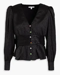 Olivia Rubin Primrose ruched satin-jacquard peplum blouse - Black Black