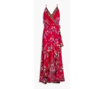 Bead-embellished floral-print silk maxi wrap dress - Purple